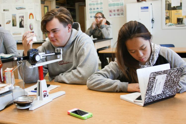 Sophomore Jordan Salas checks on his ingredients for his experiment while Vivien Huang rates the demos and presentations. “There’s a beauty to all the experiments and I’m so excited to be able to do mine today,” Salas said.