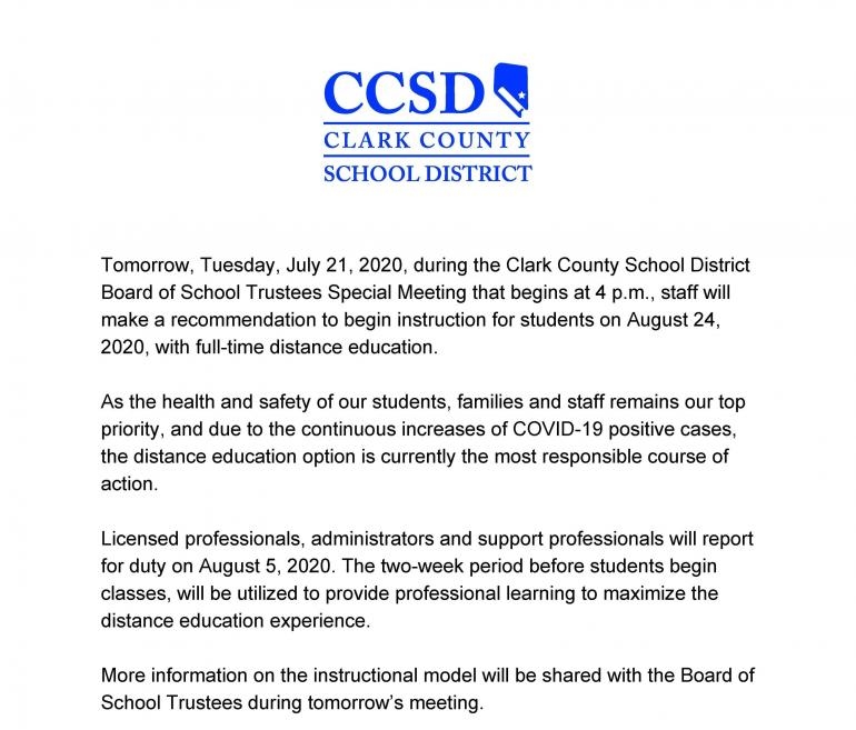BREAKING NEWS: CCSD recommends full distance learning for 2021 school year