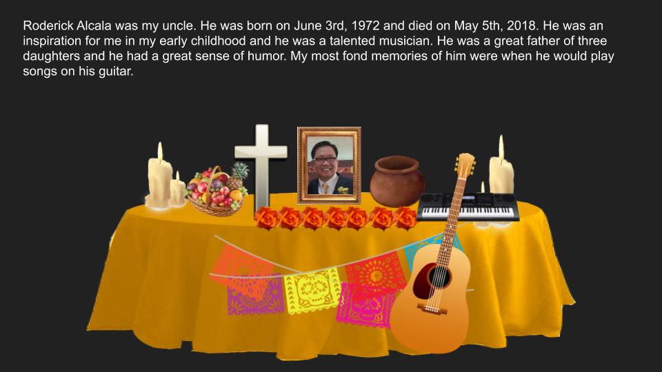 After researching the traditions of Latin America, student Jusper Julius B. Aligaen submits a digital ofrenda. Through this project, students are developing a better understanding of the traditional holidays celebrated by Spanish-speaking countries. “The Day of the Dead is very important to me,” Aligaen said. “It is the time for me to remember those who made me who I am now, especially my uncle who passed away. I want to keep his memory alive.” Photo Credit: Ana Cristina Thomann
