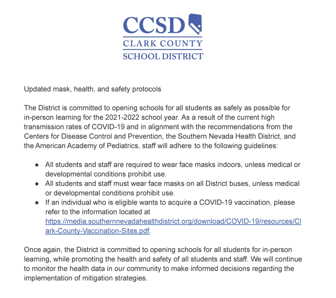 BREAKING: CCSD MANDATES MASKS FOR STUDENTS, STAFF WHEN INDOORS