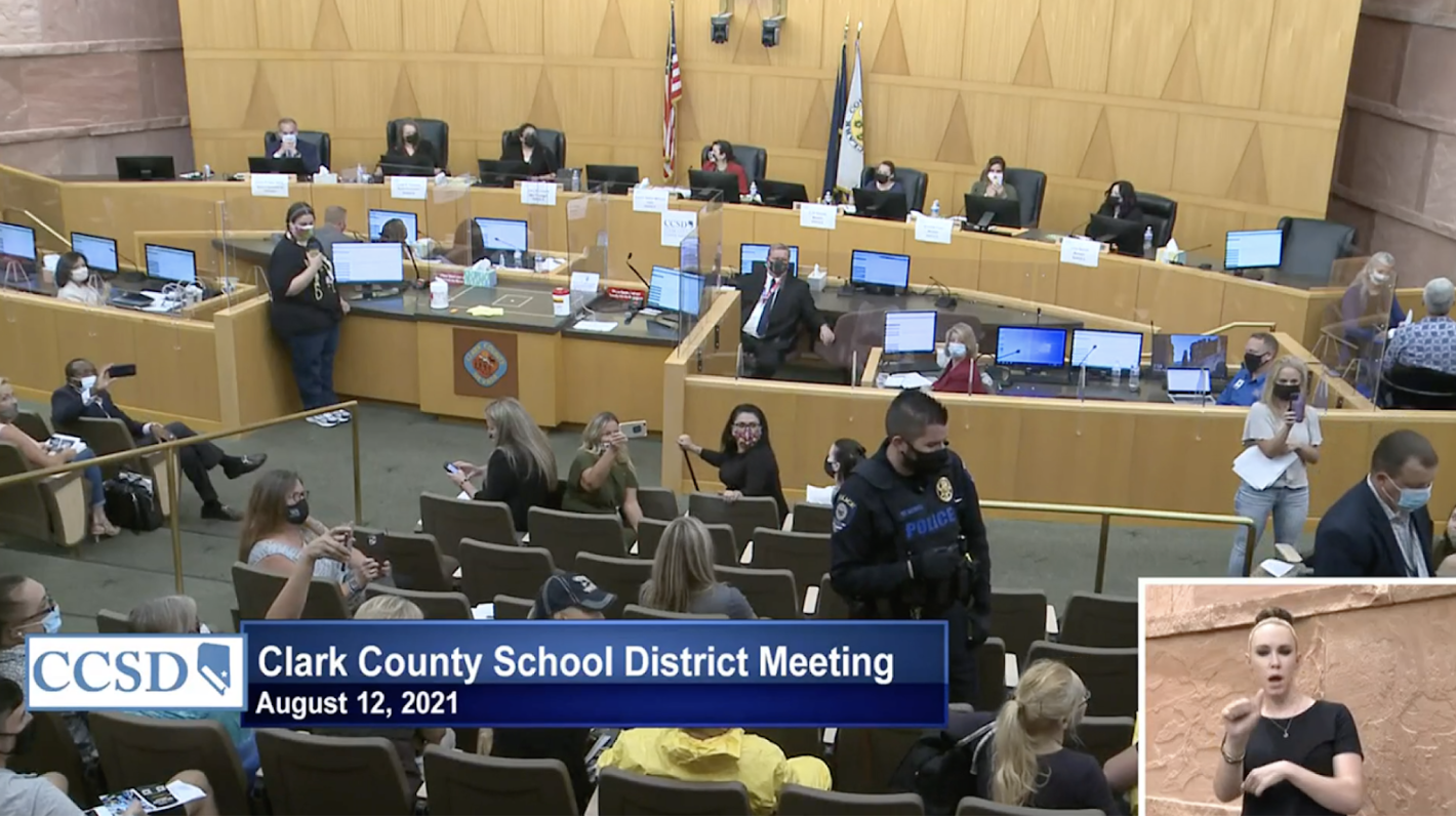 The CCSD School Board of Trustees met Thursday night to cover several topics regarding masks, new busses and changing policies. They struggled to get through their agenda due to constant interruptions from the audience. “We are not going to have these disruptions,” Board President Linda Cavazos said. “I would like to hear those voices tonight.”  Photo Credit: Screenshot of meeting