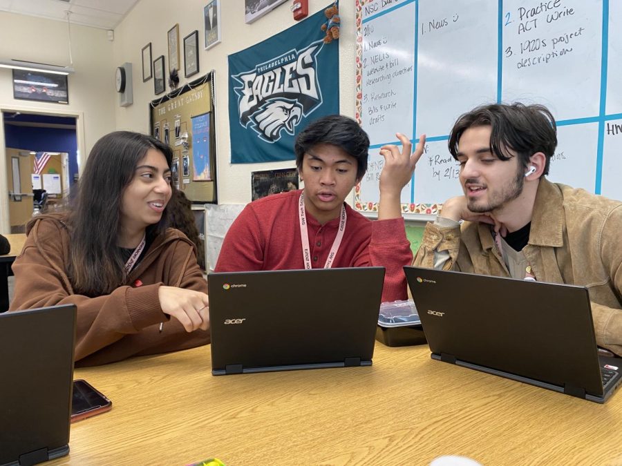 Researching legislative bills, seniors Yusra Shafique, Vassily Tan, and Jacob Gallardo expand their knowledge on the government and how it’s run. This research acted as the first step of making Laura Penrod’s students more politically aware. “I’m teaching them adult skills that they need to know how to do,” Penrod said. “Some of my students want to own businesses or go off and have these lives and careers that won’t be possible if legislation passes that doesn’t go in their favor.”