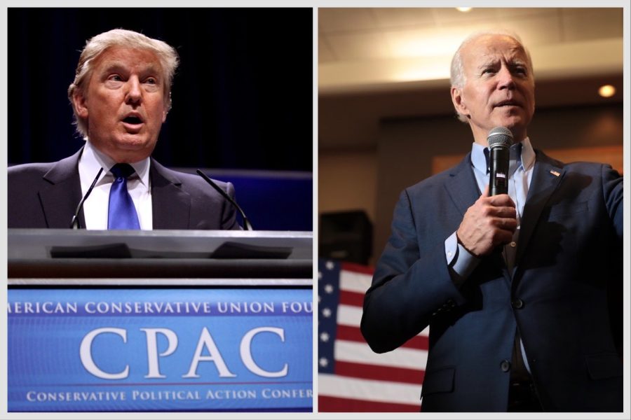 President Donald Trump (R) speaks at the 2011 Conservative Political Action Conference while Joe Biden (D) speaks at the 2019 Iowa Federation of Labor Convention. Both men are running to win the U.S. Presidential election. 
Donald Trump by Gage Skidmore is licensed under CC BY-SA 2.0 .  Joe Biden by Gage Skidmore is licensed under CC BY-SA 2.0 . 