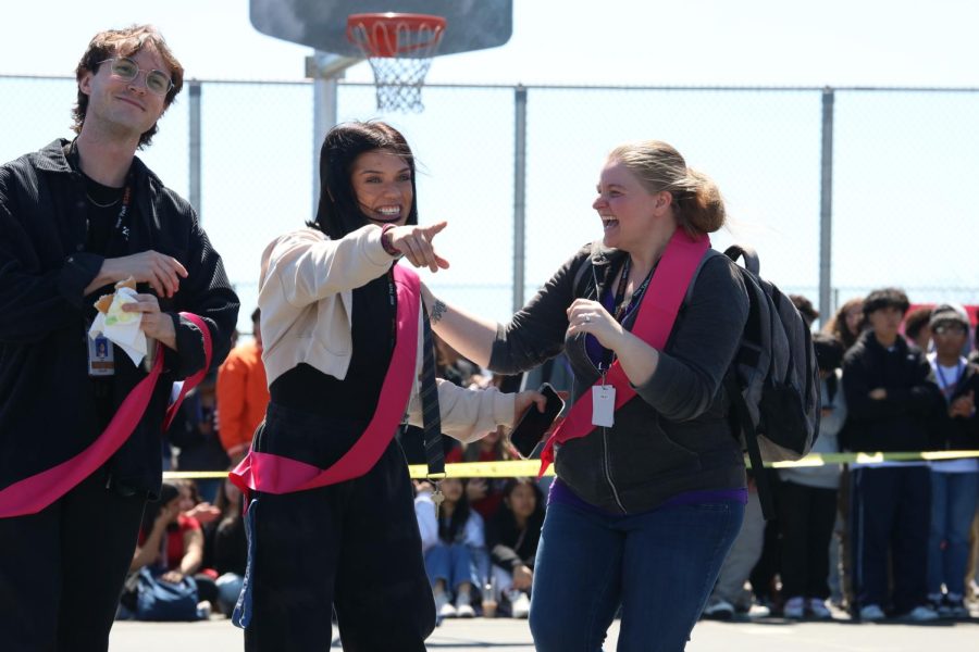 Cracking up on the court, English teachers Kristina Haley and Maritza De La Fuente celebrate after being named the Best Teacher Duo.