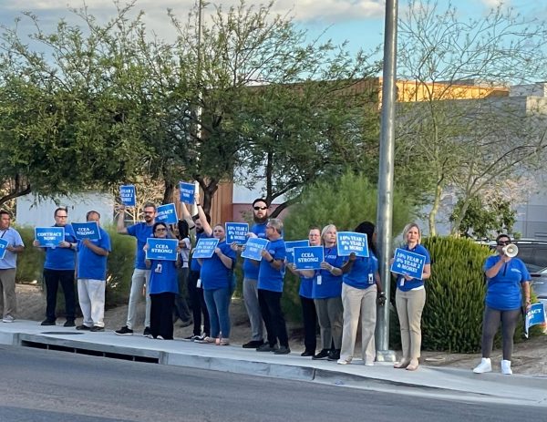 Sporting CCEA blue, Southwest CTA teachers protest before school hours to comply with NRS 288.230 and in support of the union’s mission to build what they believe is an equitable contract for teacher’s salary increases. CCSD and CCEA continued negotiations this week. “The goal is to show the district that teachers are not happy with the current conditions and pay,” Social Studies teacher Jessica Kelly said. “I just hope that parents and students care enough to support us publicly. For example, contact our region’s School Board Trustee or our superintendent Jesus Jara in support of teachers.”