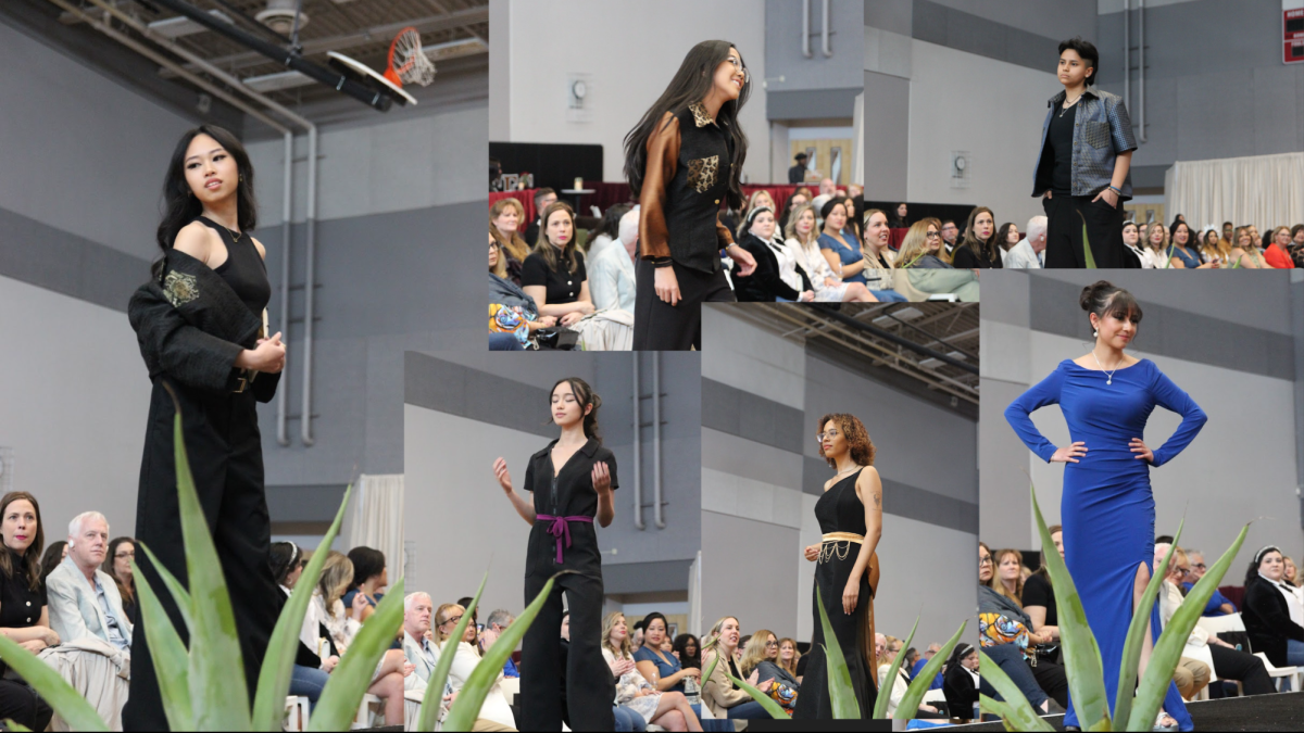 Posing+for+the+crowd%2C+senior+Kyla+Rodriguez+models+another+students%E2%80%99+garment+during+the+Fashion+Forward+event.+%E2%80%9CIt+was+pretty+stressful%2C+especially+with+the+time+that+we+were+given%2C%E2%80%9D+Rodriguez+said.+%E2%80%9CWith+everything+going+on%2C+weve+had+so+many+projects.+My+mind+was+going+to+so+many+different+places%2C+but+I+mainly+put+my+focus+on+this%2C+just+preparing+for+it.+I+had+to+put+100%25+into+it.%E2%80%9D
