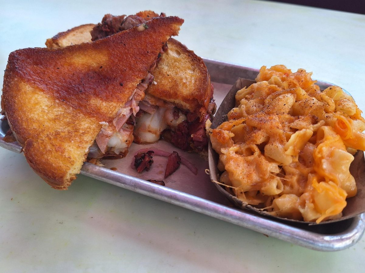 Grilled Brisket Cheese Sandwich with Mac & Cheese ($22)