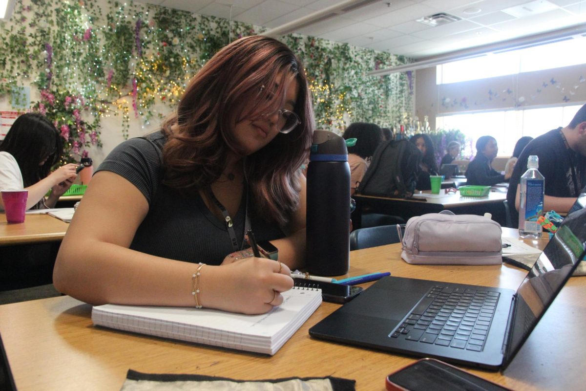 Preparing her notes for her speech, junior Mikayla Manaligod tackles her topic. She focused on refining her points before the class presentation.“We started with watching a video from last years speech and had us grade the speeches based on a few categories like nonverbal, hand gestures, posture, and tone,” Manaligod said. “Right now were just finishing our speeches up.” 
