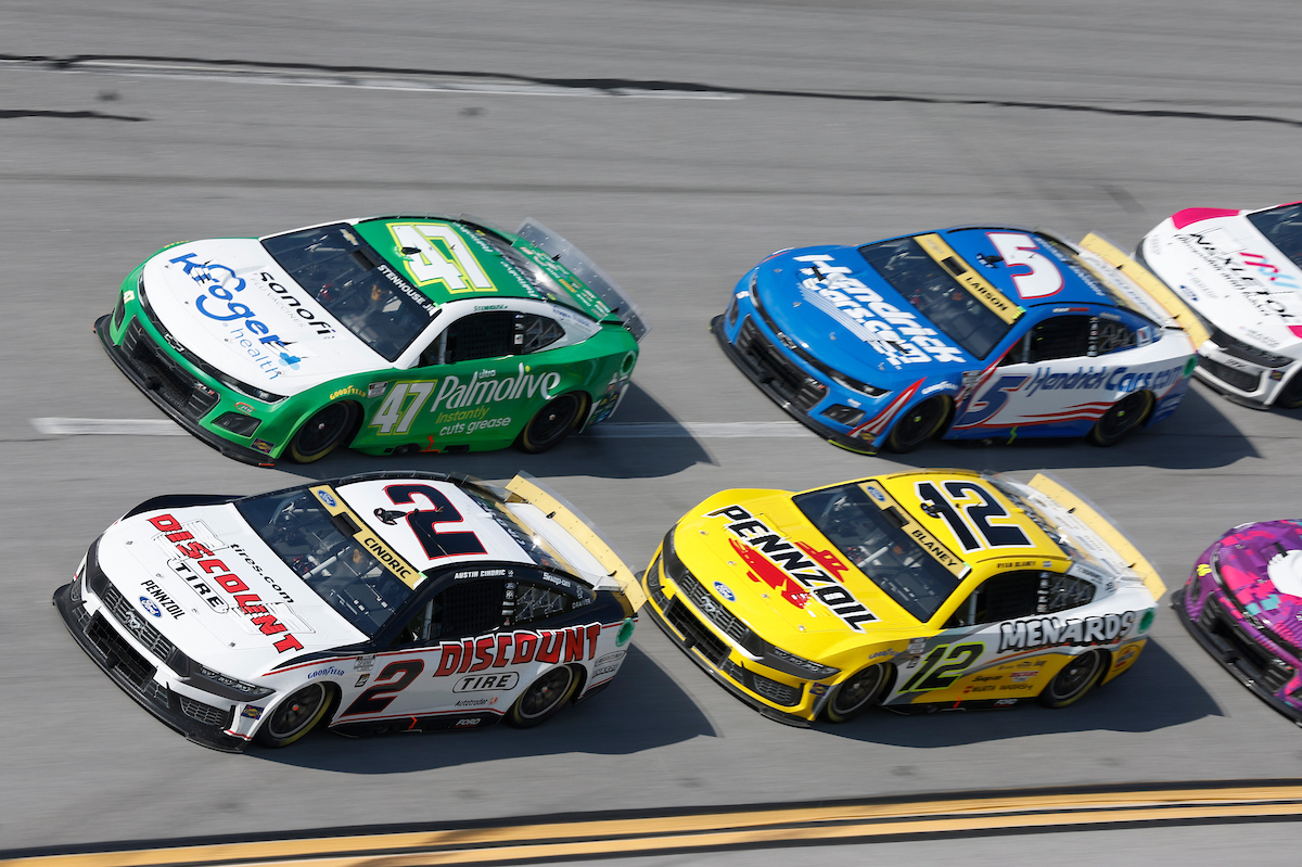 #2: Austin Cindric, Team Penske, Discount Tire Ford Mustang, #12: Ryan Blaney, Team Penske, Menards/Pennzoil Ford Mustang, #47: Ricky Stenhouse Jr, JTG Daugherty Racing, Kroger Health/Palmolive Chevrolet Camaro, #5: Kyle Larson, Hendrick Motorsports, HendrickCars.com Chevrolet Camaro Photo Credit: Team Penske Media