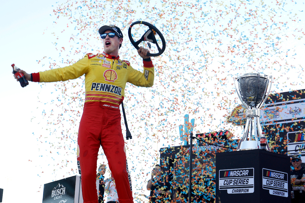 #22 Joey Logano celebrates winning his third NASCAR Cup Series Championship at the Phoenix Raceway on Sunday, November 10th, 2024.