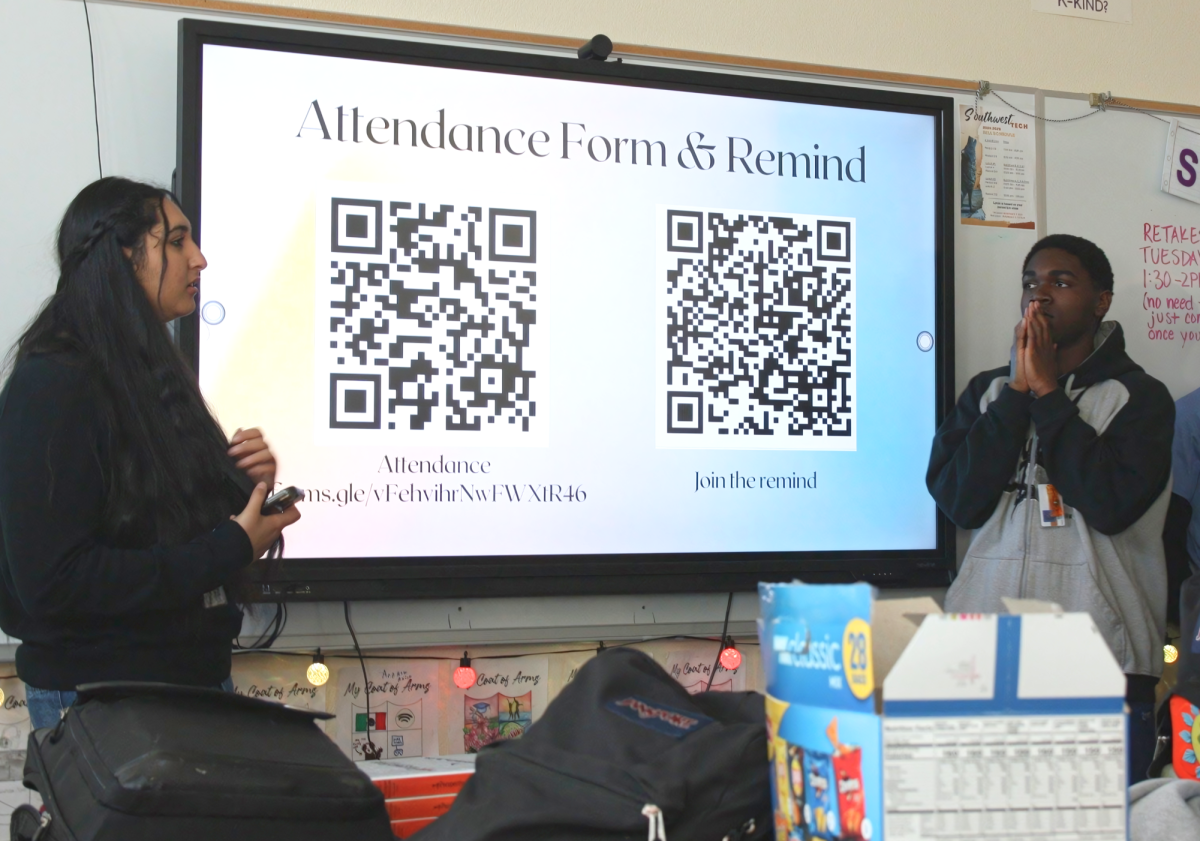 Standing up in front of the class, President Gurnoor Gill and Secretary Haris Gibirilia prepare to present a slideshow to introduce the club. Around twenty students were present at the meeting. “I joined this club because I've always liked human rights,” sophomore Atronos Solomon said. “I am really interested in the overall concept of spreading awareness about all of the disparities in the world today such as the way minorities get treated.”