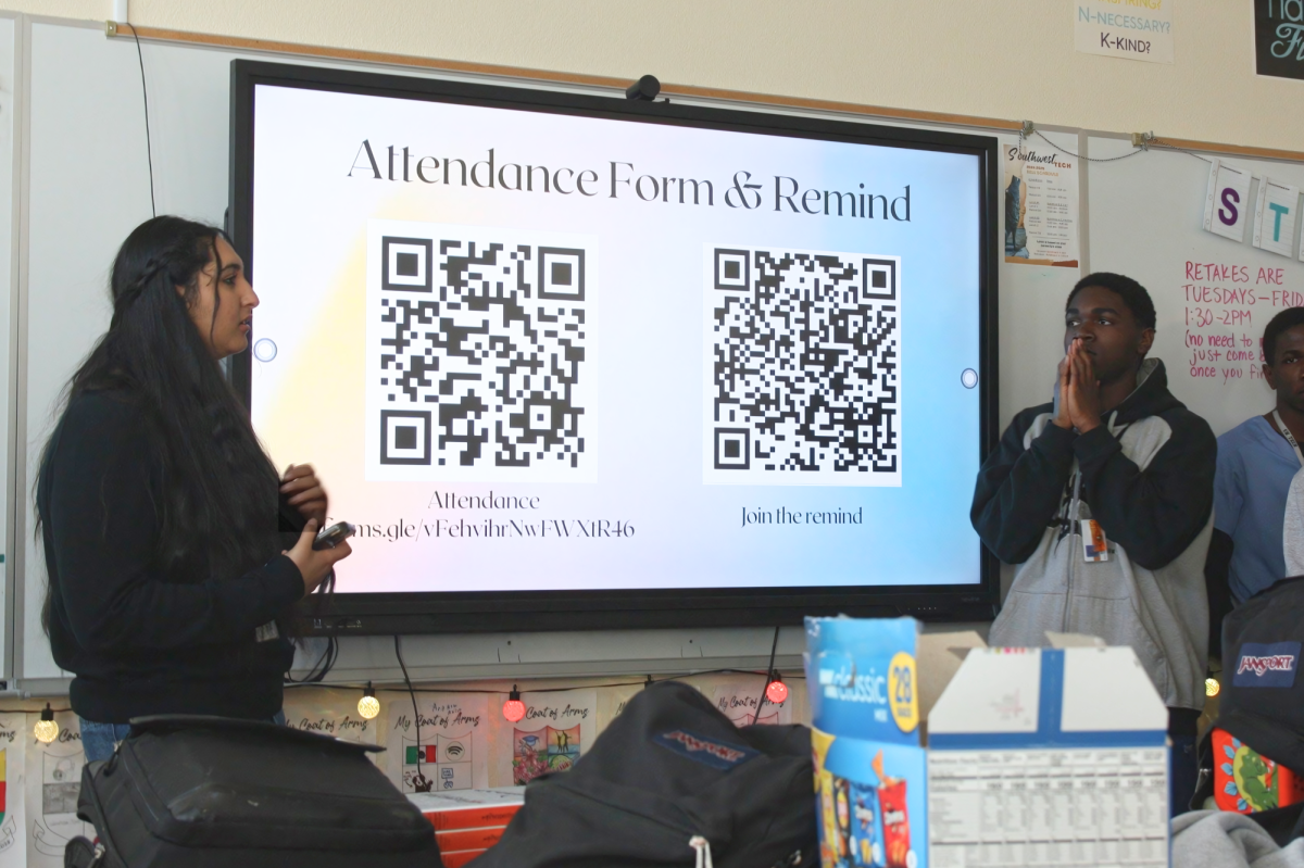 Standing up in front of the class, President Gurnoor Gill and Secretary Haris Gibirilia prepare to present a slideshow to introduce the club. Around twenty students were present at the meeting. “I joined this club because I've always liked human rights,” sophomore Atronos Solomon said. “I am really interested in the overall concept of spreading awareness about all of the disparities in the world today such as the way minorities get treated.”