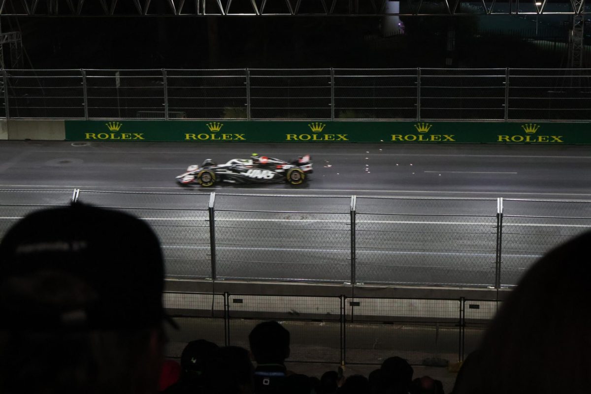 Kevin Magnussen (#20/MoneyGram Haas F1 Team) drives through turn 17 at the Las Vegas Street Circuit during Free Practice 1 on November 22nd, 2024.