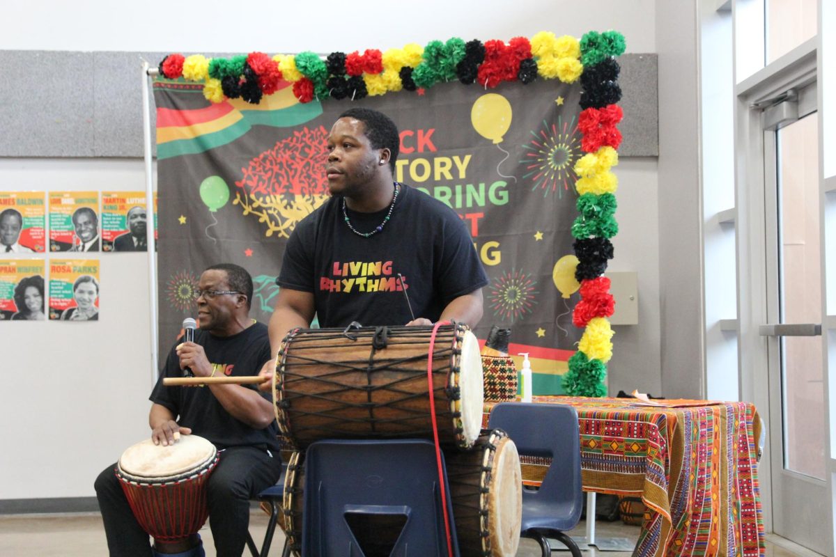 “Living Rhythms” performer Greg Ince leads his fellow drummer Dakarai Ince through the Kuku rhythm. This popular rhythm was played at a fast tempo. “I found the music to be loud and powerful,” junior Ryan Cruz said, “It was really interesting seeing how they displayed their ability to show their culture through dramatic movements and sounds.”