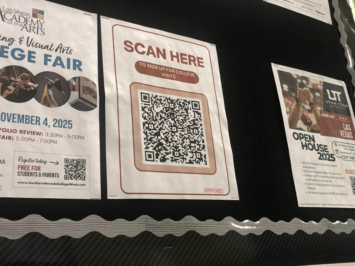 Displaying a QR code for students to scan, the flyer allows students to sign up and learn about their desired colleges as they visit throughout the school year. Many schools have had additional presentations for students to learn more about what they offer. “For me, I’m interested in criminal justice,” junior Zion Jefferson said. “I know that UNLV and Nevada State University have this major. But, [the college fair] is going to be beneficial, so I can see what other schools offer as well.”
