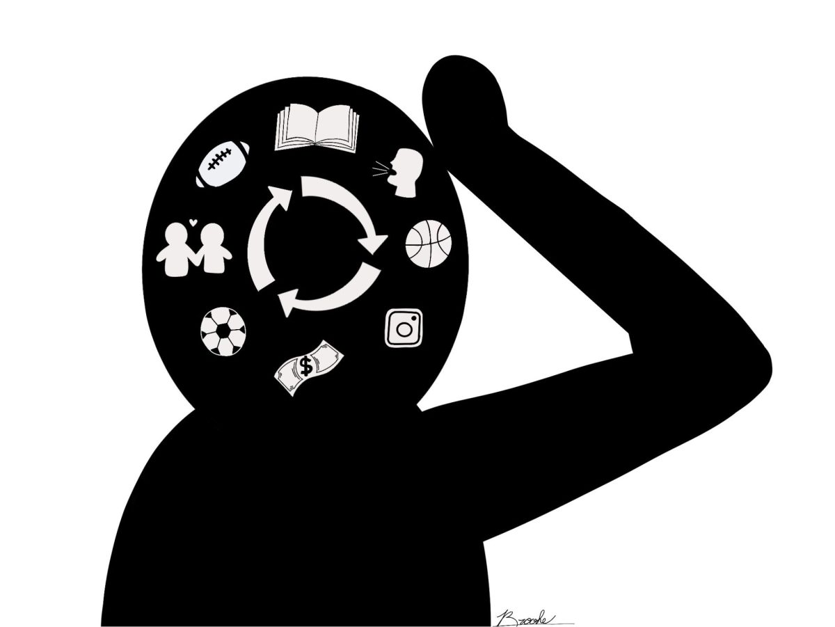 The crowded mind of a student athlete: juggling relationships, sports, media and school. 
Illustration Credit: Brooke Weyandt
