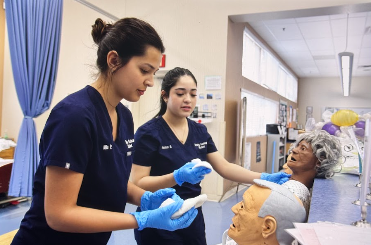 Pairing up for the skills, Junior Jazzlyn Barragan and Mila Polisano practices how to properly wipe down the mannequin’s face. They had to smear chocolate pudding on the mannequin for the preciseness of their skill. “We are both aspiring [Certified Nursing Assistants] CNAs in the future that hope to master this expertise,” Barragan said. “As a nurse, it was important to know that hygiene is a top criteria of being in healthcare.”
